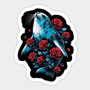 Cute Seal Red Roses Sticker